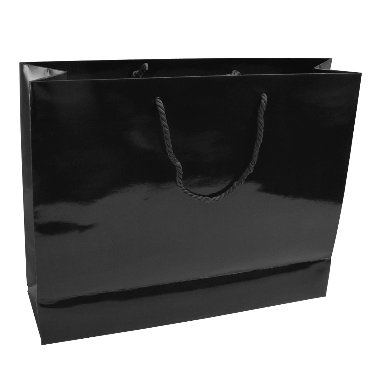 Sac cadeau luxe noir brillant cordon mercerie 46 x 10 x 33 cm