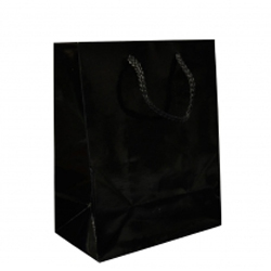 Sac cadeau luxe noir brillant cordon mercerie 26 x 13 x 32 cm